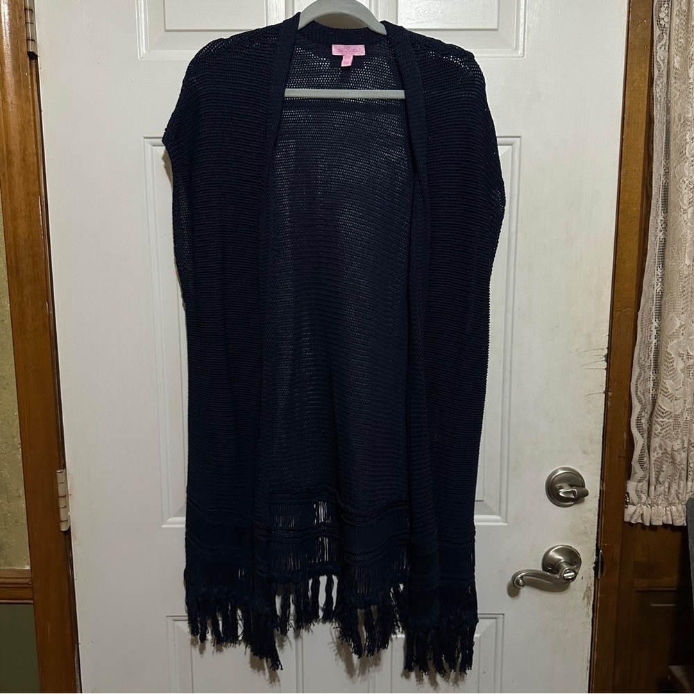 Lilly Pulitzer Bedford Navy Rib Knit Fringe Tassel Cardigan L/XL Sweater Vest‎